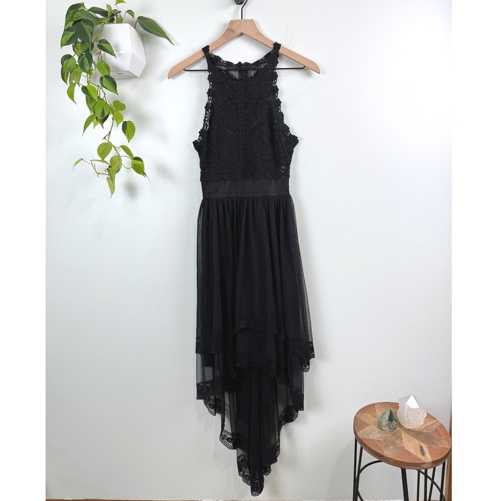 bebe Black Crystal Bloom Lace High Low Mesh Tiered Dress 0 Whimsygoth Fairy
